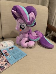Size: 1536x2048 | Tagged: safe, artist:klplushies, starlight glimmer, pony, unicorn, g4, couch, cute, female, glimmerbetes, irl, magazine, photo, plushie, reading, sitting, solo, tongue out