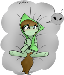 Size: 558x652 | Tagged: safe, artist:lofis, oc, oc only, oc:mint chocolate, alien, pegasus, pony, area 51, blushing, clothes, cloud, female, hoodie, lying on bed, september 20th, simple background, solo, tail, transparent background, wings
