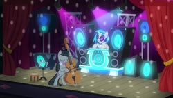 Size: 1920x1080 | Tagged: safe, screencap, dj pon-3, octavia melody, vinyl scratch, pony, a horse shoe-in, g4, bow (instrument), bowtie, cello, cello bow, musical instrument