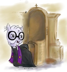 Size: 596x638 | Tagged: safe, artist:turonie, mr. waddle, earth pony, pony, g4, catholicism, christianity, clerical collar, clothes, confessional, male, priest, robe, solo, stallion