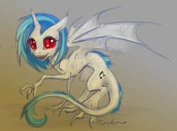 Size: 614x458 | Tagged: safe, artist:turonie, dj pon-3, vinyl scratch, dragon, gargoyle, g4, adoracreepy, claws, creepy, cute, cutie mark, dragoness, dragonified, female, floppy ears, horn, looking at you, missing accessory, one wing out, red eyes, skinny, solo, species swap, thin, traditional art, wings, wrong eye color