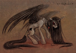 Size: 2280x1591 | Tagged: safe, artist:turonie, oc, oc only, oc:vileraven, alicorn, pony, alicorn oc, art trade, bell, bell collar, black sclera, collar, cutie mark, eye scar, female, large wings, looking at you, mare, raised hoof, scar, solo, spectacles, spread wings, tail wrap, traditional art, wings