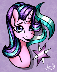 Size: 606x766 | Tagged: safe, artist:jiyu_umare, artist:jiyuumare, starlight glimmer, pony, unicorn, g4, bust, cutie mark, cutie mark background, female, mare, portrait, signature, smiling, solo