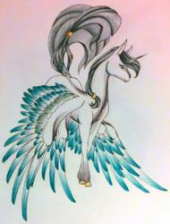 Size: 1024x1345 | Tagged: safe, artist:oneiria-fylakas, oc, oc only, alicorn, braham, original species, pony, seraph, seraphicorn, multiple wings, simple background, solo, traditional art