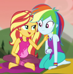 Size: 470x478 | Tagged: safe, screencap, rainbow dash, sunset shimmer, equestria girls, g4, my little pony equestria girls: better together, wake up!, wake up!: rainbow dash, barefoot, cropped, feet, female