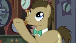 Size: 1920x1080 | Tagged: safe, screencap, doctor whooves, time turner, earth pony, pony, a horse shoe-in, g4, bowtie, cute, male, outstretched hoof, smiling, solo, stallion