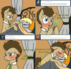 Size: 1562x1502 | Tagged: safe, artist:naomiknight17, derpy hooves, doctor whooves, time turner, earth pony, pegasus, pony, lovestruck derpy, g4, animated, ask, blushing, blushing profusely, crossover, doctor who, female, floppy ears, gif, male, mare, ship:doctorderpy, shipping, sonic screwdriver, stallion, straight, the doctor, tumblr