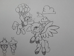 Size: 2576x1932 | Tagged: safe, artist:drheartdoodles, pinkie pie, oc, oc:dr.heart, clydesdale, pony, g4, background character, balloon, cloud, floating, flying, grayscale, monochrome, offscreen character, palindrome get, size difference, then watch her balloons lift her up to the sky