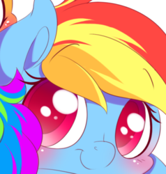 Size: 722x757 | Tagged: safe, artist:tamabel, rainbow dash, pegasus, pony, g4, :t, blushing, chibi, close-up, colored pupils, cute, dashabetes, eyebrows, eyebrows visible through hair, face, female, looking at you, mare, preview, simple background, smiling, solo, white background