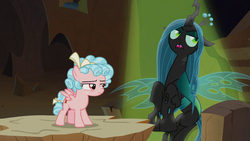 Size: 1280x720 | Tagged: safe, screencap, cozy glow, queen chrysalis, frenemies (episode), g4, bored, cozy glow is not amused, female, queen chrysalis is not amused, unamused
