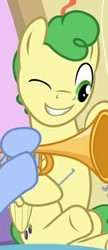 Size: 170x392 | Tagged: safe, screencap, huckleberry, november rain, pegasus, pony, a horse shoe-in, g4, cropped, friendship student, hooves, male, offscreen character, one eye closed, smiling, solo focus, stallion