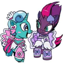 Size: 951x938 | Tagged: safe, artist:徐詩珮, edit, edited screencap, idw, screencap, fizzlepop berrytwist, glitter drops, tempest shadow, pony, unicorn, g4, background removed, broken horn, clothes, doki doki precure, dress, female, horn, lesbian, mare, not a vector, precure, ship:glittershadow, shipping, simple background, tomboy taming, transparent background