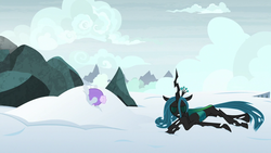Size: 1280x720 | Tagged: safe, screencap, cozy glow, queen chrysalis, frenemies (episode), g4, eyes closed, snow