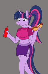 Size: 2360x3608 | Tagged: safe, artist:supra80, twilight sparkle, alicorn, anthro, g4, breasts, busty twilight sparkle, clothes, cute, food, high res, hot dog, ketchup, meat, miniskirt, photoshop, ponytail, sauce, sausage, shirt, side slit, skirt, twilight sparkle (alicorn), wings, wip