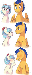Size: 814x1920 | Tagged: safe, artist:triplestitch, coco pommel, flash sentry, earth pony, pony, g4, cocosentry, eye contact, female, looking at each other, male, mare, shipping, stallion, straight