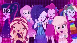 Size: 1280x720 | Tagged: safe, screencap, applejack, fluttershy, pinkie pie, rainbow dash, rarity, sci-twi, sunset shimmer, twilight sparkle, equestria girls, equestria girls series, g4, i'm on a yacht, spoiler:eqg series (season 2), clothes, crossed arms, dress, female, geode of empathy, geode of fauna, geode of shielding, geode of sugar bombs, geode of super speed, geode of super strength, geode of telekinesis, headband, humane five, humane seven, humane six, magical geodes, neon eg logo, open mouth, singing