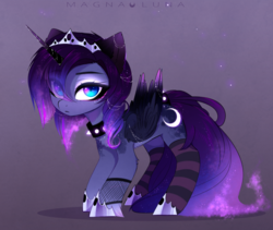 Size: 2750x2319 | Tagged: safe, artist:magnaluna, princess luna, alicorn, pony, g4, chest fluff, clothes, collar, cute, digital art, ear fluff, ethereal mane, eye clipping through hair, female, goth, high res, hoof shoes, horn, horn jewelry, jewelry, leg fluff, lunabetes, mare, socks, spiked collar, striped socks, wing fluff, wing jewelry