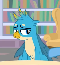 Size: 579x630 | Tagged: safe, screencap, gallus, trixie, griffon, pony, unicorn, a horse shoe-in, g4, bookshelf, chest fluff, cropped, female, male, mare, offscreen character, quadrupedal, sad, solo, wings