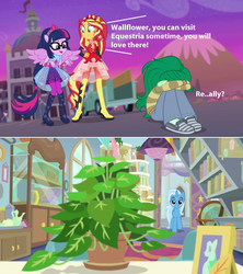 Size: 1280x1440 | Tagged: safe, edit, edited screencap, screencap, phyllis, sci-twi, sunset shimmer, trixie, twilight sparkle, wallflower blush, human, pony, unicorn, a horse shoe-in, equestria girls, equestria girls specials, g4, my little pony equestria girls: better together, my little pony equestria girls: forgotten friendship, bad end, comic, grammar error, horn, plant, screencap comic, species swap, wallflower is a plant, wallflowerbuse, we are going to hell