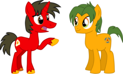 Size: 3363x2027 | Tagged: safe, artist:shadymeadow, oc, oc only, oc:fried egg, oc:scorpion chain, earth pony, pony, unicorn, high res, male, multicolored eyes, simple background, stallion, transparent background