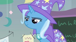 Size: 1920x1080 | Tagged: safe, screencap, trixie, pony, unicorn, a horse shoe-in, cape, clothes, female, hat, lidded eyes, mare, solo, trixie's cape, trixie's hat