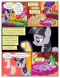 Size: 612x792 | Tagged: safe, artist:newbiespud, edit, edited screencap, screencap, spike, twilight sparkle, dragon, pony, comic:friendship is dragons, g4, the return of harmony, bed, big crown thingy, comic, dialogue, discorded, discorded twilight, female, frown, glowing horn, golden oaks library, horn, jewelry, looking up, magic, male, mare, night, reading, regalia, rug, sad, screencap comic, scroll, slit pupils, stars, telekinesis