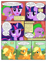 Size: 612x792 | Tagged: safe, artist:newbiespud, edit, edited screencap, screencap, spike, twilight sparkle, dragon, earth pony, pony, unicorn, comic:friendship is dragons, g4, the return of harmony, apple, comic, dialogue, eyes closed, female, food, freckles, frown, grin, hat, hoof hold, male, mare, night, raised hoof, sad, screencap comic, sleepy, slit pupils, smiling, stars, tired, tree, unicorn twilight