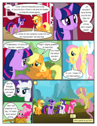 Size: 612x792 | Tagged: safe, artist:newbiespud, edit, edited screencap, screencap, applejack, fluttershy, pinkie pie, rarity, twilight sparkle, earth pony, pegasus, pony, unicorn, comic:friendship is dragons, g4, ..., apple, barn, comic, dialogue, eyes closed, female, flying, food, freckles, frown, hat, hoof hold, mare, screencap comic, smiling, tree, unicorn twilight