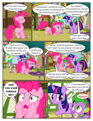 Size: 612x792 | Tagged: safe, artist:newbiespud, edit, edited screencap, screencap, pinkie pie, spike, twilight sparkle, dragon, earth pony, pony, unicorn, comic:friendship is dragons, g4, cheek squish, comic, d:, dialogue, eyes closed, female, grin, looking up, male, mare, open mouth, raised hoof, screencap comic, slit pupils, smiling, squishy cheeks, unicorn twilight