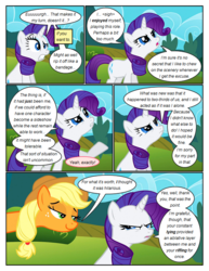 Size: 612x792 | Tagged: safe, artist:newbiespud, edit, edited screencap, screencap, applejack, rarity, earth pony, pony, unicorn, comic:friendship is dragons, g4, comic, dialogue, female, freckles, frown, grin, hat, lidded eyes, looking up, mare, screencap comic, smiling
