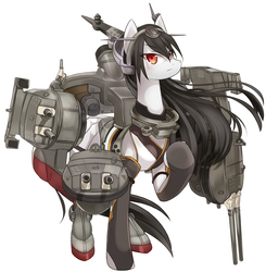 Size: 1399x1427 | Tagged: safe, artist:roshichen, earth pony, pony, clothes, collar, headgear, kantai collection, nagato, nagato class battleship, pleated skirt, ponified, red eyes, rigging, skirt, solo, turret