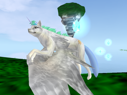 Size: 800x600 | Tagged: safe, artist:twilightberry, princess celestia, wolf, g4, 3d, crystal, female, feral heart, floating island, flying, horn, light, solo, species swap, winged wolf