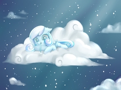 Size: 1200x899 | Tagged: safe, artist:teateajing, oc, oc only, oc:snowdrop, pegasus, pony, cloud, cute, feather, female, filly, night, ocbetes, on a cloud, pixiv, sky, snow, snowfall, snowflake, solo, winter