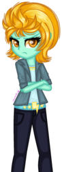 Size: 538x1486 | Tagged: safe, artist:fantarianna, lightning dust, equestria girls, g4, belt, clothes, crossed arms, equestria girls-ified, female, jacket, jeans, pants, shirt, simple background, solo, t-shirt, transparent background