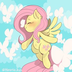 Size: 1000x1000 | Tagged: safe, artist:horatio_kun, fluttershy, butterfly, pegasus, pony, g4, blushing, cute, ear fluff, eyes closed, female, mare, profile, shyabetes, solo, spread wings, wings