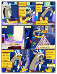 Size: 612x792 | Tagged: safe, artist:newbiespud, edit, edited screencap, screencap, discord, spike, draconequus, dragon, pony, comic:friendship is dragons, g4, book, card, comic, dialogue, eyes closed, house of cards, male, screencap comic, sitting, slit pupils