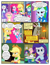 Size: 612x792 | Tagged: safe, artist:newbiespud, edit, edited screencap, screencap, applejack, discord, fluttershy, pinkie pie, rainbow dash, rarity, twilight sparkle, draconequus, pony, comic:friendship is dragons, equestria girls, g4, my little pony equestria girls, bracelet, chalkboard, classroom, clothes, comic, cutie mark on clothes, dialogue, female, freckles, frown, glare, hand on hip, hat, humane five, jewelry, male, screencap comic, sitting, smiling, unamused