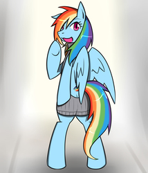 Size: 1029x1200 | Tagged: safe, artist:galdyearth, rainbow dash, pegasus, pony, g4, backless, bipedal, butt, buttcrack, clothes, cute, dashabetes, female, looking at you, looking back, looking back at you, one ear down, open mouth, open-back sweater, pixiv, plot, plotcrack, rear view, sexy, sleeveless sweater, solo, stupid sexy rainbow dash, sweater, virgin killer sweater
