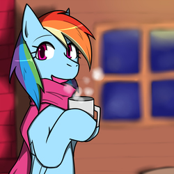 Size: 1200x1200 | Tagged: safe, artist:galdyearth, rainbow dash, pony, g4, blurry background, clothes, cute, dashabetes, female, hoof hold, mug, open mouth, pixiv, scarf, solo, steam