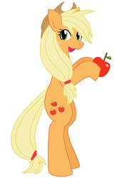 Size: 837x1200 | Tagged: safe, artist:galdyearth, applejack, earth pony, pony, g4, apple, bipedal, blush sticker, blushing, cute, female, food, jackabetes, mare, open mouth, pixiv, simple background, solo, white background