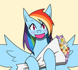 Size: 1100x980 | Tagged: safe, artist:galdyearth, rainbow dash, pegasus, pony, g4, blushing, bouquet, cute, dashabetes, female, flower, looking at you, mare, open mouth, pixiv, simple background, solo, spread wings, wings, yellow background