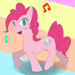 Size: 600x600 | Tagged: safe, artist:galdyearth, pinkie pie, earth pony, pony, g4, blushing, cute, diapinkes, female, music notes, open mouth, pixiv, smiling pinkie pie tolts left, solo