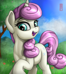 Size: 3000x3358 | Tagged: safe, artist:celsian, twinkleshine, pony, unicorn, g4, background pony, cute, female, flower, high res, looking at you, mare, meadow, open mouth, raised hoof, signature, solo, tree