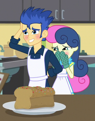 Size: 460x583 | Tagged: safe, screencap, bon bon, flash sentry, sweetie drops, human, acadeca, equestria girls, g4, my little pony equestria girls: friendship games, apron, baking, blushing, brad, bread, clothes, cropped, cute, diasentres, embarrassed, epic fail, fail, female, food, how, i just don't know what went wrong, male, oven mitts, you had one job