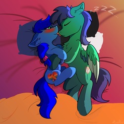 Size: 2000x2000 | Tagged: safe, artist:aurorafang, oc, oc:aqua jo, oc:magnifying glass, earth pony, pegasus, pony, bed, blushing, bow, bracelet, colt, cuddling, female, filly, floppy ears, high res, holding each other, jewelry, licking, male, oc x oc, pillow, shipping, sleeping, snuggling, spread wings, tongue out, wings, ych result