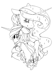 Size: 2388x3144 | Tagged: safe, artist:longinius, princess luna, oc, oc:silk lace, alicorn, pony, unicorn, g4, alternate hairstyle, black and white, canon x oc, crying, ear piercing, earring, female, grayscale, high res, hoof shoes, hug, jewelry, lineart, mare, monochrome, piercing, sad, shipping, smiling