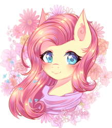Size: 1576x1808 | Tagged: safe, artist:shimayaeiko, fluttershy, pony, g4, blushing, bust, clothes, cute, female, flower, heart eyes, looking at you, mare, portrait, shyabetes, smiling, solo, stray strand, three quarter view, wingding eyes