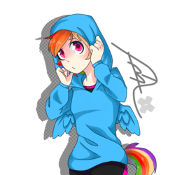 Size: 768x768 | Tagged: safe, artist:eyelessjackssis, rainbow dash, human, g4, clothes, cute, dashabetes, female, hoodie, humanized, simple background, solo, tailed humanization, transparent background, winged humanization, wings