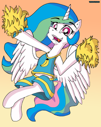 Size: 2804x3504 | Tagged: safe, artist:theclassicthinker, princess celestia, alicorn, pony, g4, cheerleader, cheerleader outfit, clothes, cute, cutelestia, female, gradient background, high res, looking at you, mare, midriff, open mouth, pom pom, skirt, solo, tank top