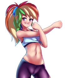Size: 3000x3600 | Tagged: safe, artist:rockset, rainbow dash, human, anime, belly button, clothes, crotch bulge, female, humanized, looking at you, midriff, pants, ponytail, shirt, side knot midriff, simple background, smiling, solo, stretching, white background, yoga pants